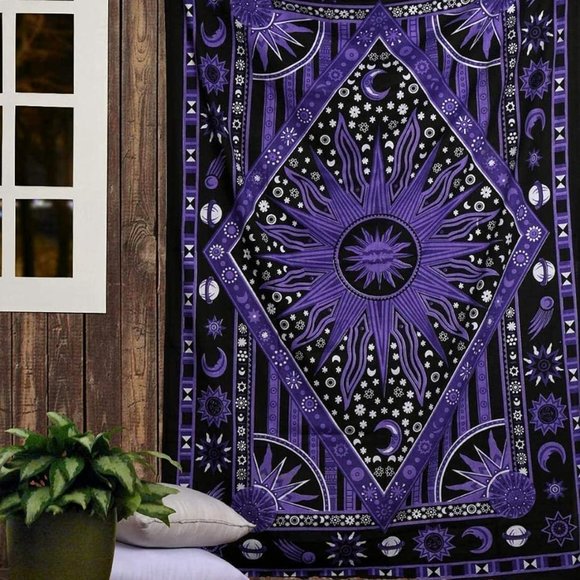 Twin Size Star Sun Purple Boho Style Wall Bed Decor Cotton Tapestry NEW - Picture 4 of 5
